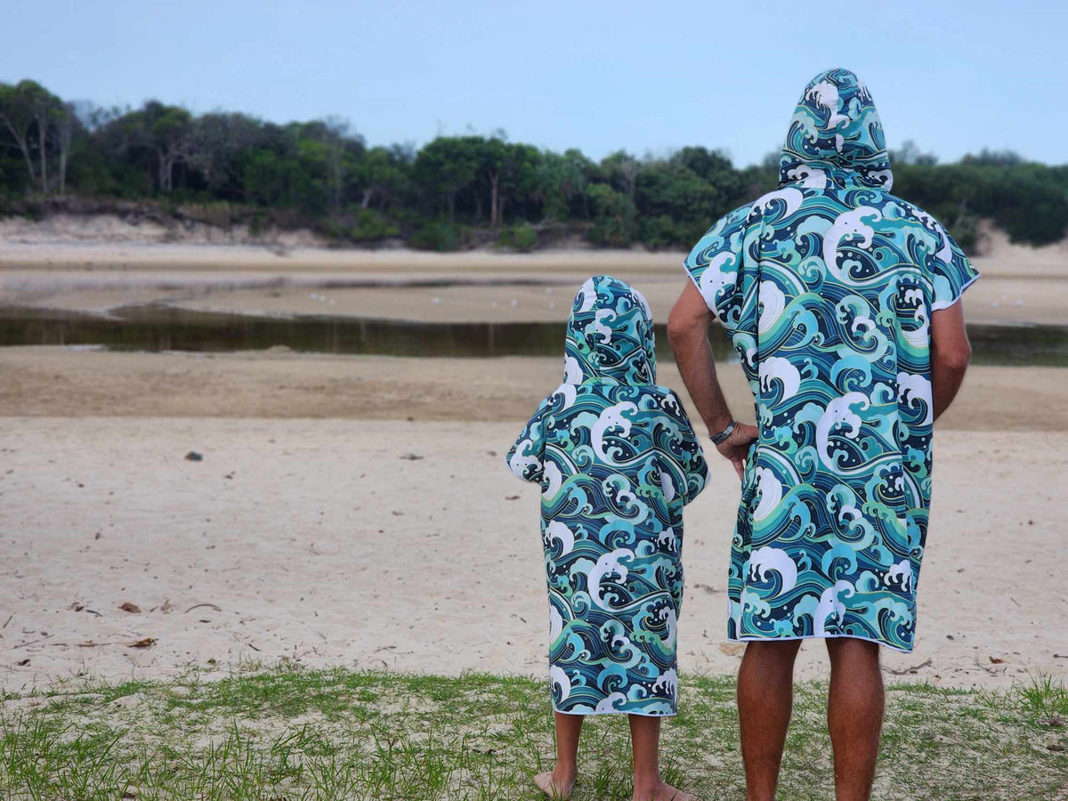 Father and son at Hastings Point both in the sort after wipeout sand free hoodie