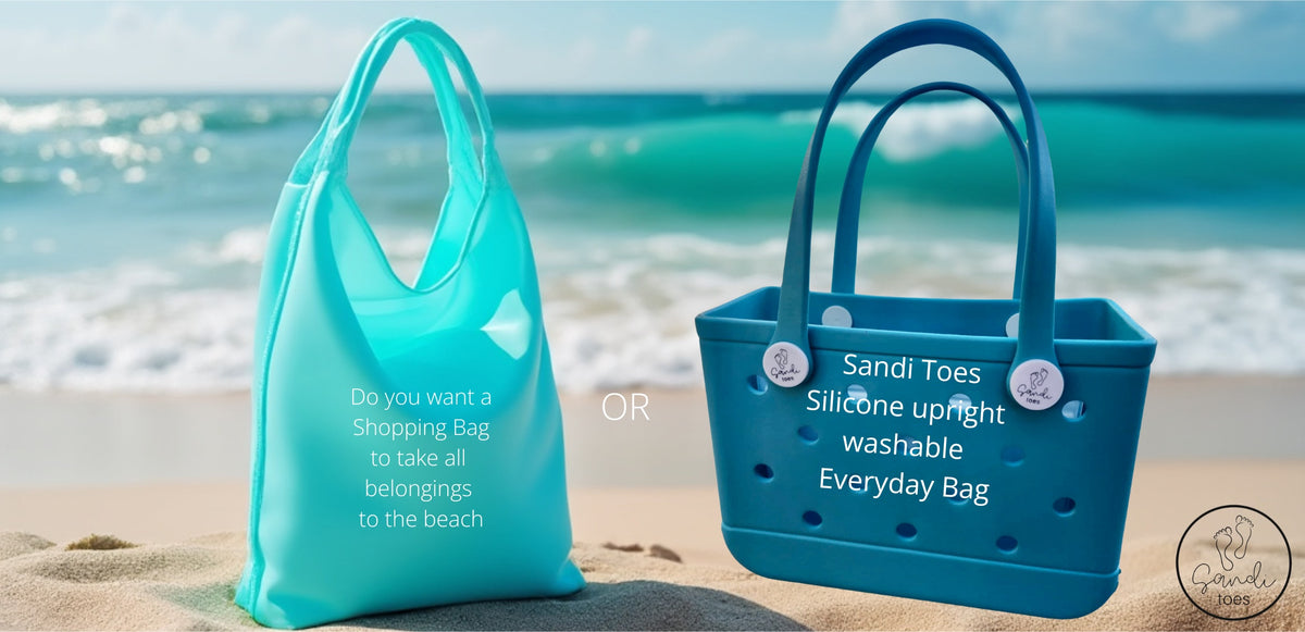 Two bags on the beach one is a flimsy shopping bag the other is a sandi toes silicone beach and everyday bag with sand and waves in the background